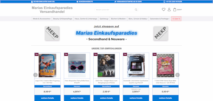 Screenshot der Shop-Webseite von Marias Einkaufsparadies