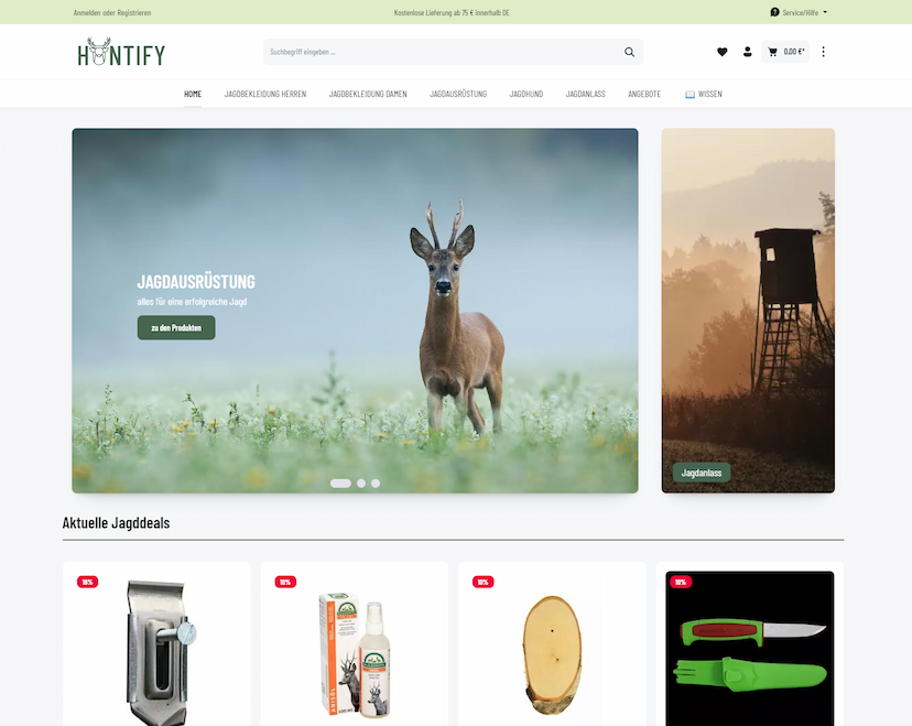 Screenshot der Shop-Webseite von huntify.de