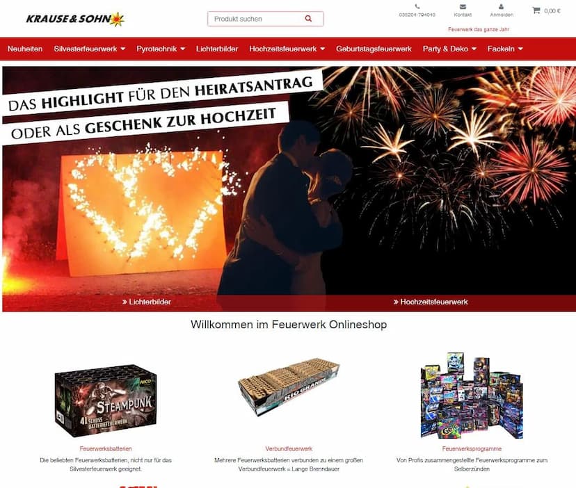 Screenshot der Shop-Webseite von Feuerwerk-Onlineshop