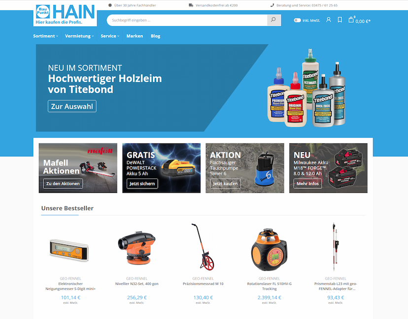 Screenshot der Shop-Webseite von Baupunkt HAIN