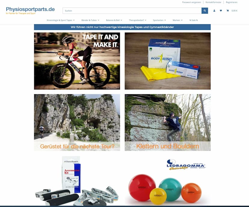 Screenshot der Shop-Webseite von Physio- und Sportparts