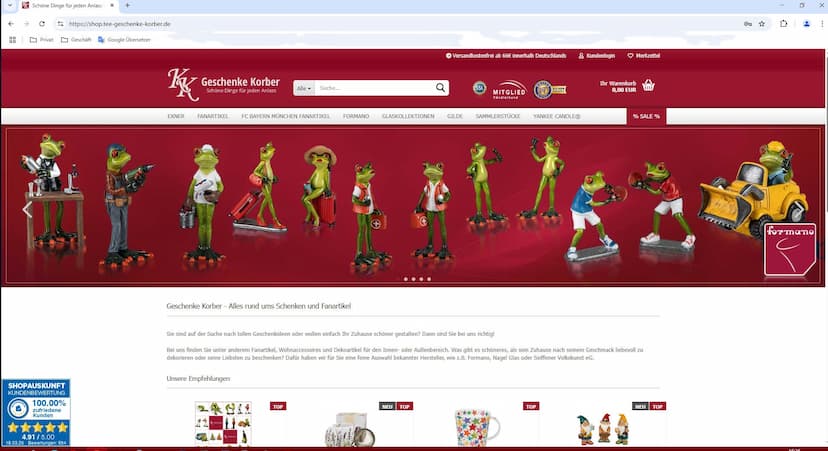 Screenshot der Shop-Webseite von Geschenke Korber