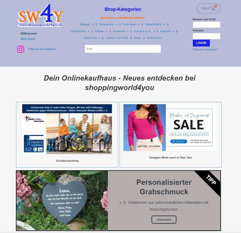 Screenshot der Shop-Webseite von shoppingworld4you