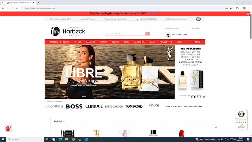 Screenshot der Shop-Webseite von Parfümerie Harbeck