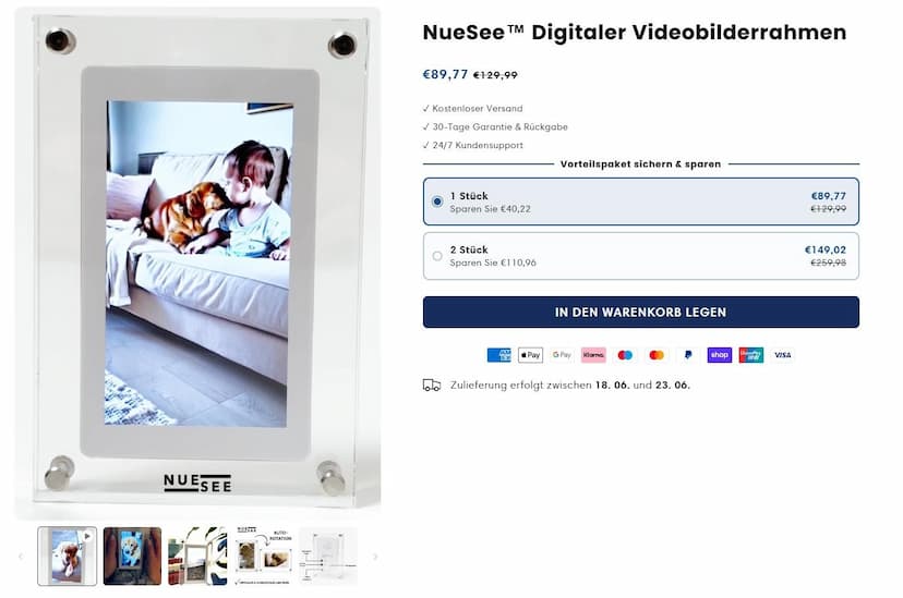 Screenshot der Shop-Webseite von NueSee