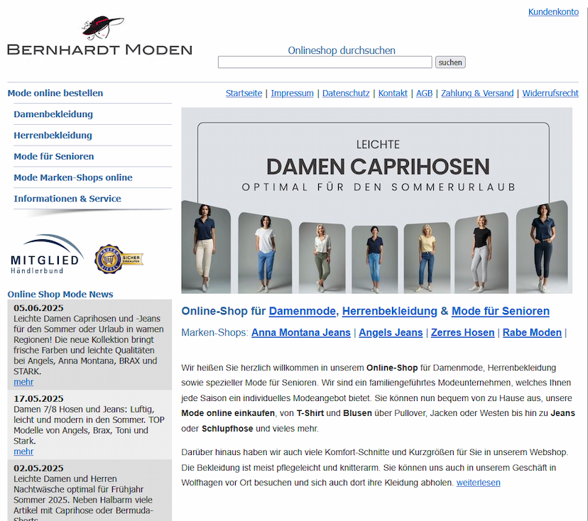 Screenshot der Shop-Webseite von Bernhardt Moden
