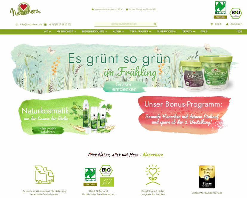 Screenshot der Shop-Webseite von Naturherz