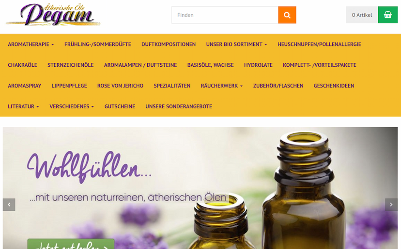 Screenshot der Shop-Webseite von Pegam Ätherische Öle