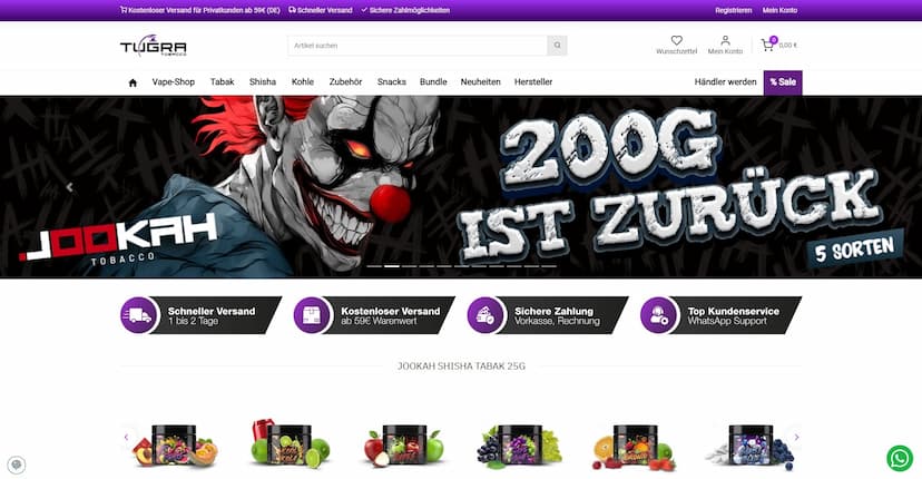 Screenshot der Shop-Webseite von Tugra Tobacco