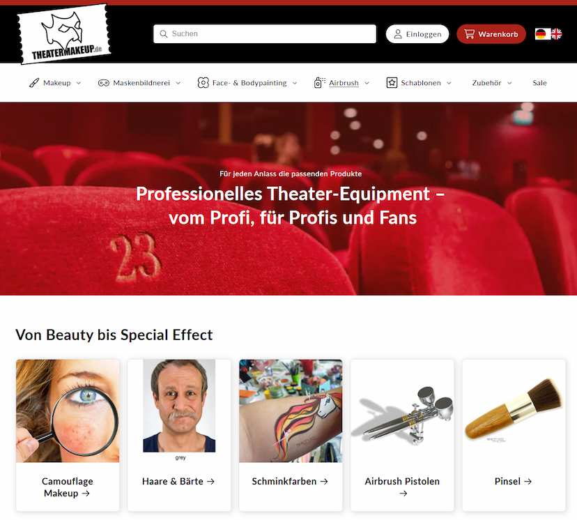 Screenshot der Shop-Webseite von Theatermakeup.de