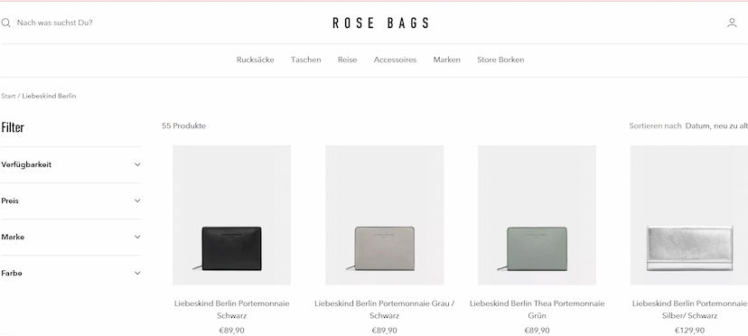 Screenshot der Shop-Webseite von RoseBags