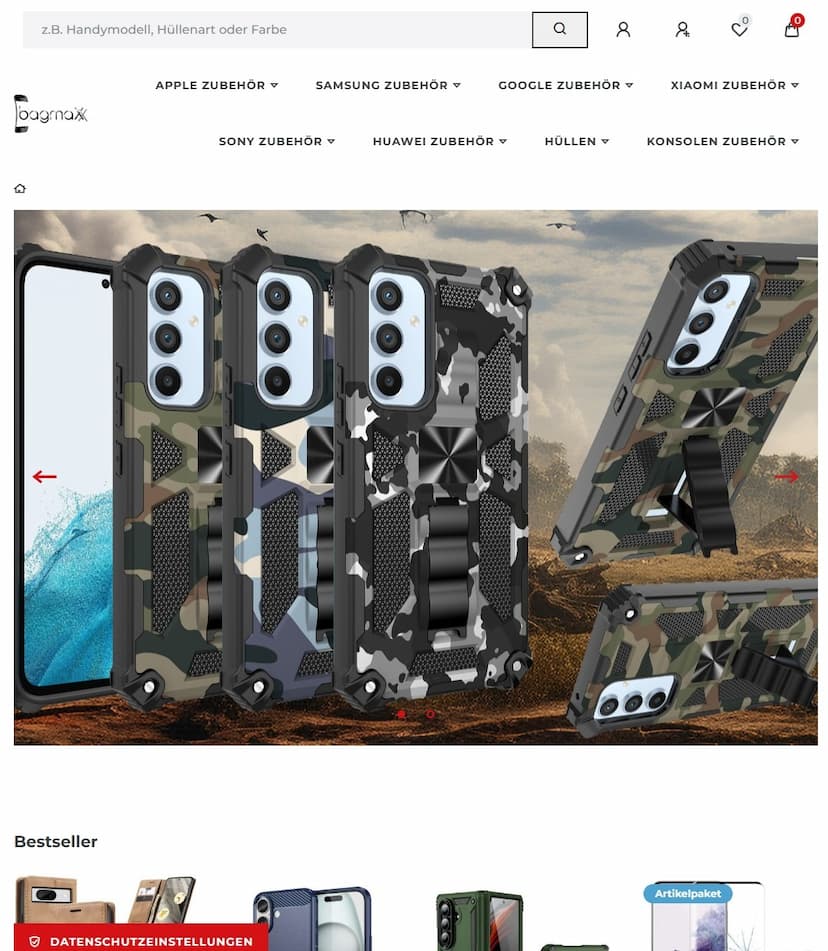 Screenshot der Shop-Webseite von bagmaxx