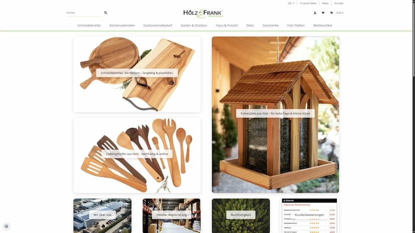 Screenshot der Shop-Webseite von Holz Frank