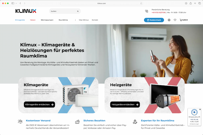 Screenshot der Shop-Webseite von Klimux