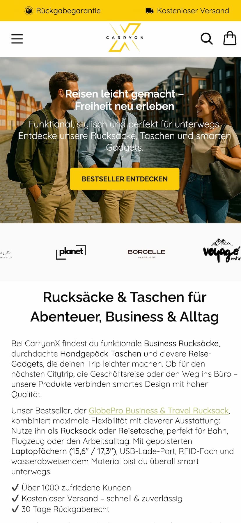 Screenshot der Shop-Webseite von Carryonx