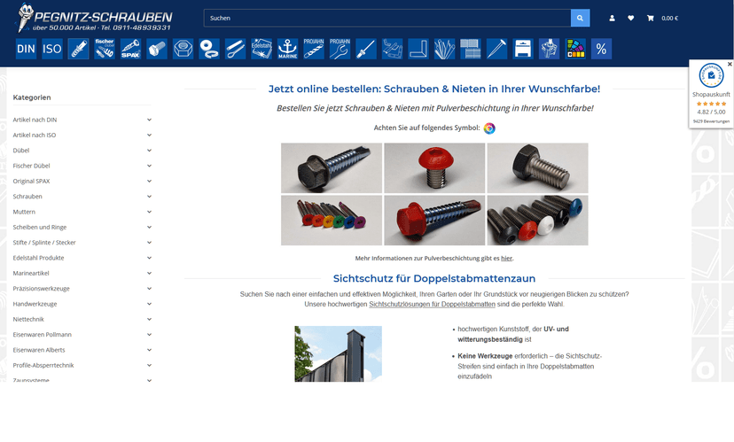 Screenshot der Shop-Webseite von Pegnitz Schrauben