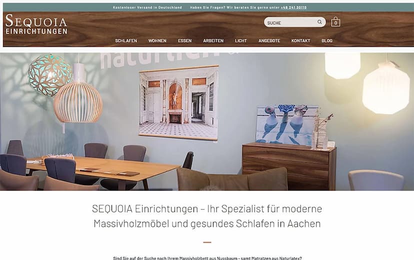 Screenshot der Shop-Webseite von SEQUOIA Einrichtungen