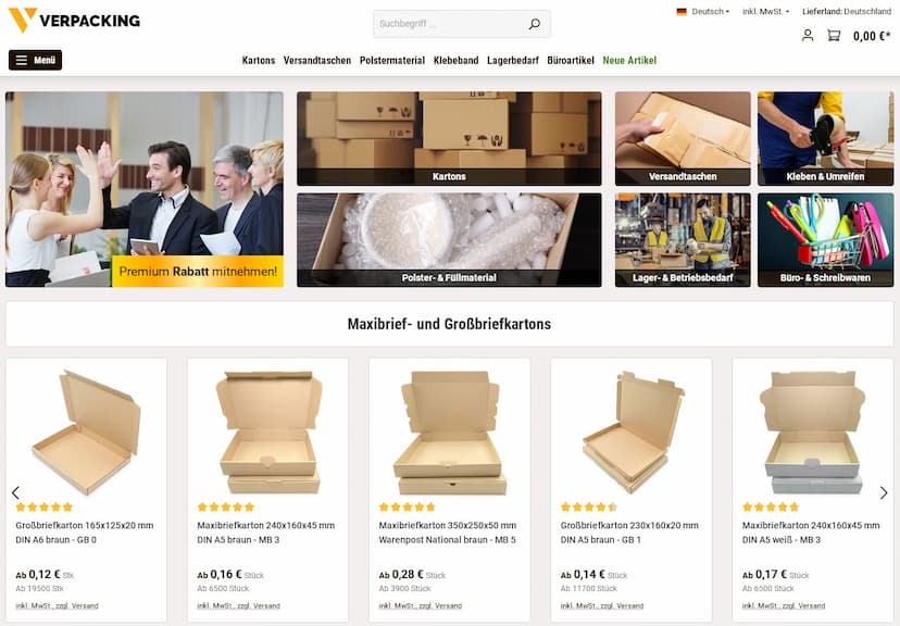 Screenshot der Shop-Webseite von Verpacking