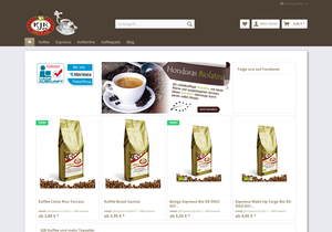 Screenshot der Shop-Webseite von KJR Kaffee und mehr