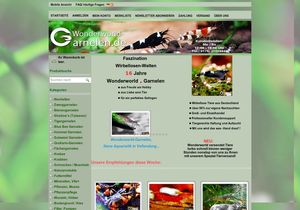 Screenshot der Shop-Webseite von wonderworld-garnelen.de