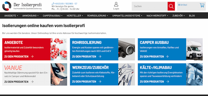 Screenshot der Shop-Webseite von Der Isolierprofi