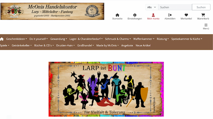 Screenshot der Shop-Webseite von McOnis Handelskontor