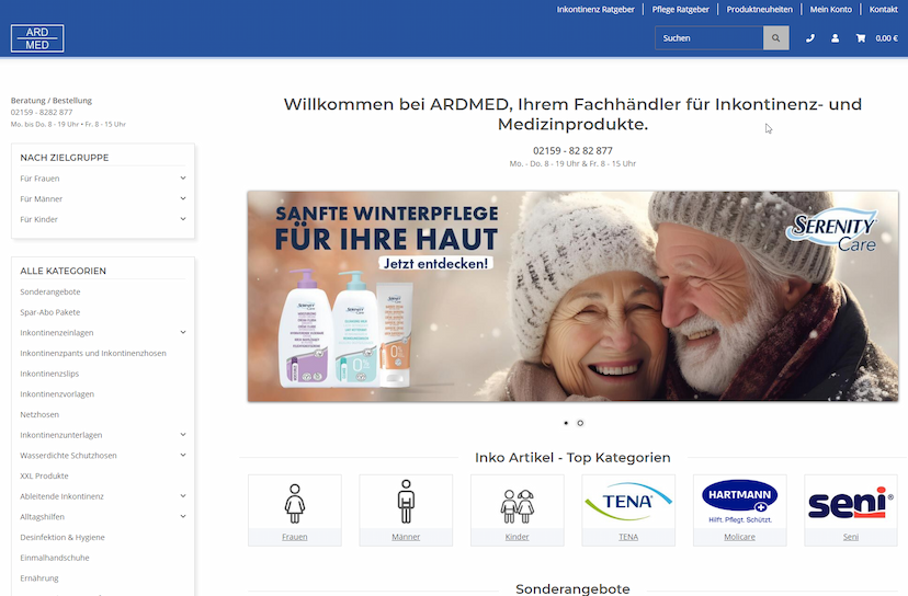 Screenshot der Shop-Webseite von ARDMED Medical Supplies