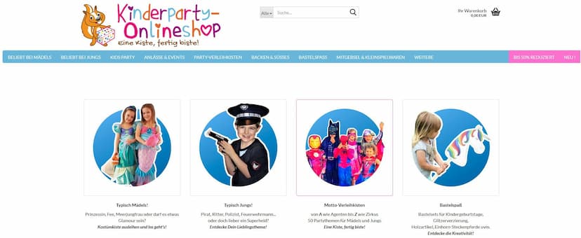 Screenshot der Shop-Webseite von Kinderparty-Onlineshop.de