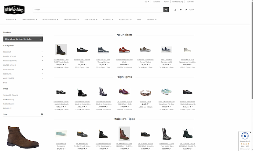 Screenshot der Shop-Webseite von Moloko-Shop