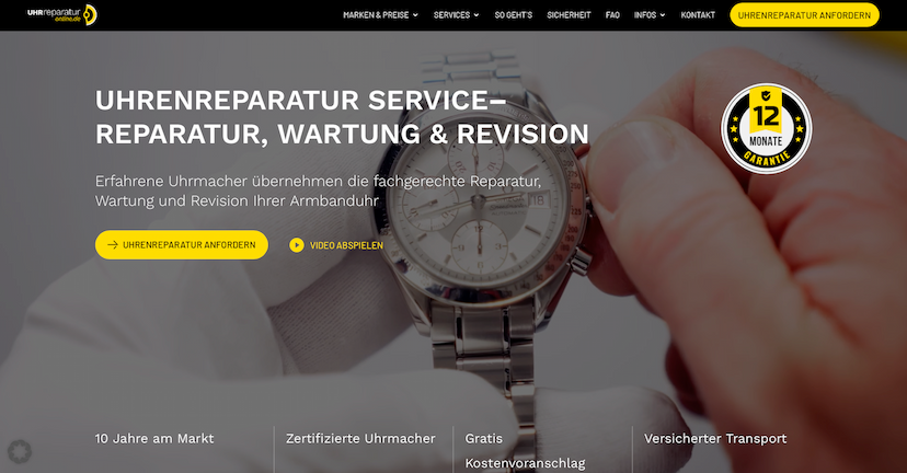 Screenshot der Shop-Webseite von uhrreparatur-online.de