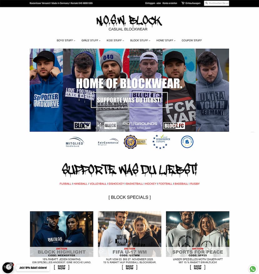 Screenshot der Shop-Webseite von N.O.S.W. BLOCK