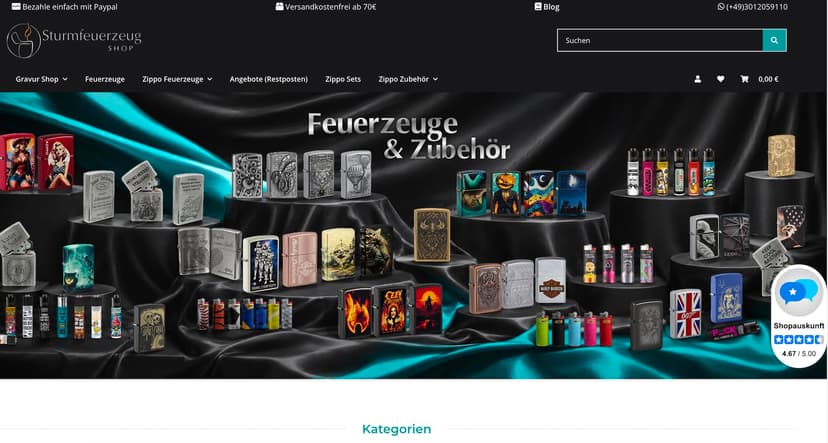 Screenshot der Shop-Webseite von Sturmfeuerzeug-Shop