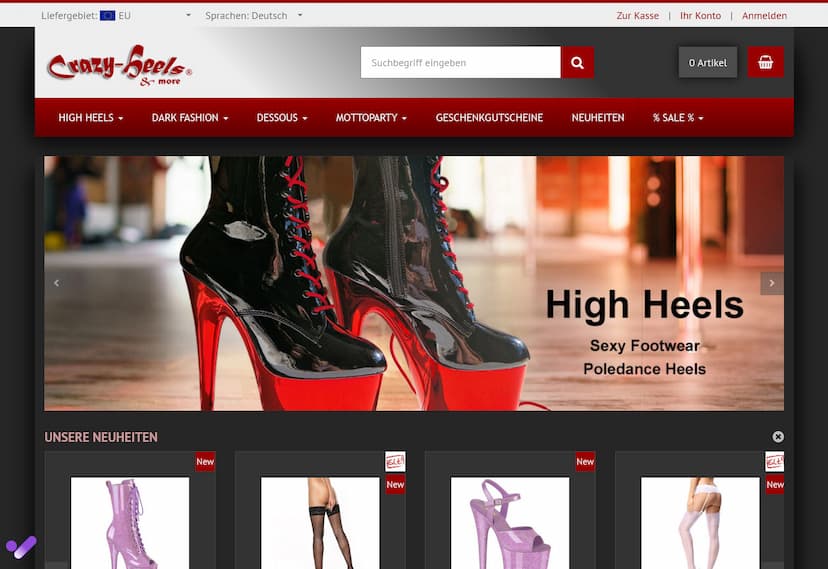 Screenshot der Shop-Webseite von Crazy-Heels